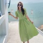 Puff Sleeve V-neck Button-up Midi A-line Dress