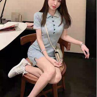 Short-sleeve Polo-neck Knit Mini Sheath Dress Light Blue - One Size