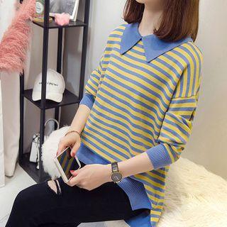Long-sleeve Collared Striped Knit Top