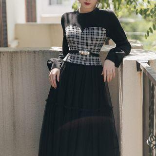 Plaid Panel A-line Midi Mesh Dress