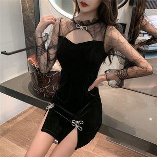 Slit-side Lace Panel Mini Sheath Dress