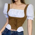 Puff-sleeve Mock Two-piece Lace Up Blouse