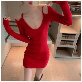 Long-sleeve Cold-shoulder Knit Mini Bodycon Dress