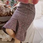 Ruffle-hem Tweed Midi Skirt