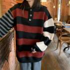 Striped Polo Sweater Stripes - Black & Red - One Size