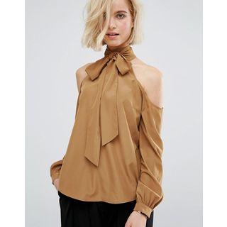 Cut Out Shoulder Mock Neck Long Sleeve Blouse