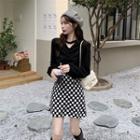 Long-sleeve V-neck Ruched Blouse / Checkerboard Mini A-line Skirt