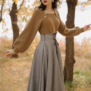 Set: Button Detail Sweater + High Waist Plaid Midi A-line Skirt