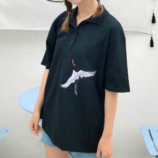 Elbow Sleeve Crane Embroidered Polo Shirt