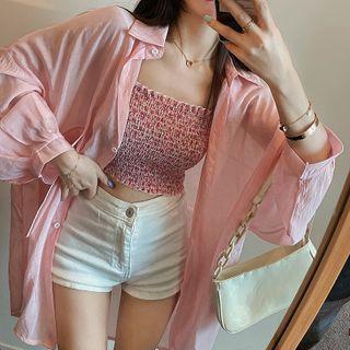 Plain Shirt / Floral Print Cropped Camisole Top