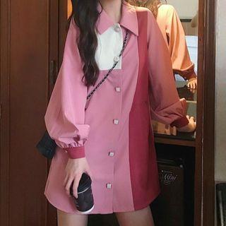 Puff-sleeve Two Tone Shirt Dress Pink - One Size