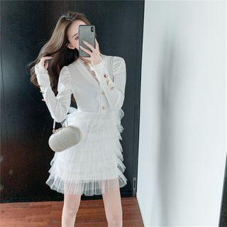 Long-sleeve Button-up Tiered Mini Dress