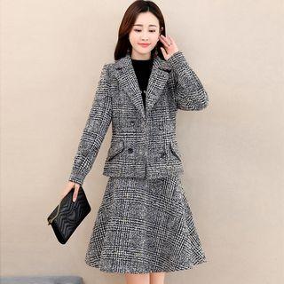 Set: Plaid Double-breasted Coat + High Waist A-line Skirt