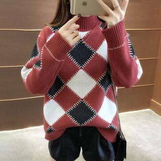 Color Block Diamond Mock Neck Sweater