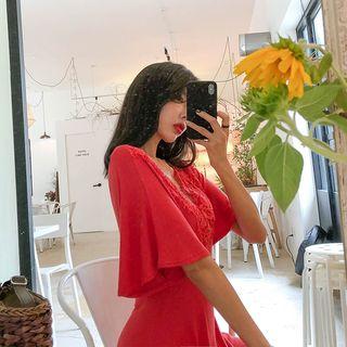 Laced Plunge-neck Mini Flare Dress