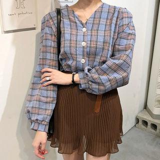 V-neck Puff-sleeve Plaid Shirt