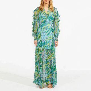Ruffle Long-sleeve Print Maxi Dress