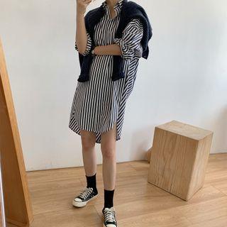 Striped Long-sleeve Midi Shirtdress Stripes - Gray & White - One Size