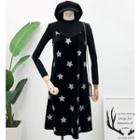 Mock-neck Knit Top / Star-print Sleeveless Dress