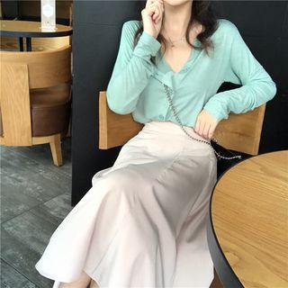 Plain V-neck Blouse Green - One Size