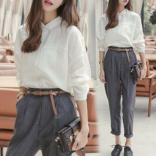 Set: Plain Shirt + Striped Straight-cut Pants
