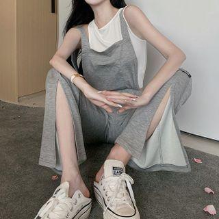 Plain Crop Tank Top / Slit Wide-leg Jumper Pants
