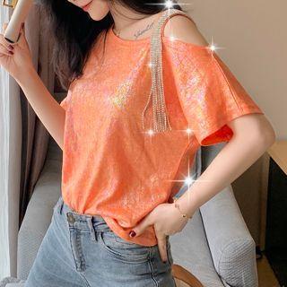Fringed Cold-shoulder Short-sleeve Top
