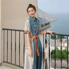 Short-sleeve Knit Panel Denim Midi Shirt Dress