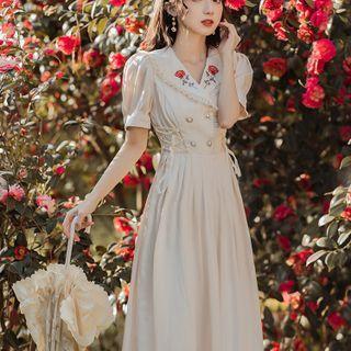Puff-sleeve Rose Embroidered Midi A-line Dress