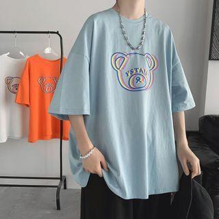 Round Neck Bear Print Oversized Short Sleeve T-shirt
