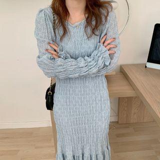 Long-sleeve Crinkle Midi Lace Dress