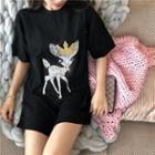 Sequined Deer Embroidered Loose-fit Short-sleeve T-shirt