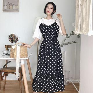 Mock Two Piece Dotted Panel Elbow Sleeve Midi Dress As Shown In Figure - One Size