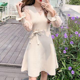 Lace Panel Tie-waist Mini A-line Knit Dress