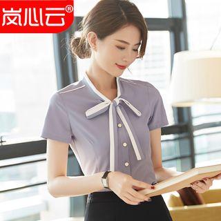 Contrast-trim Short-sleeve Tie-neck Shirt/ Mini Pencil Skirt/ Set