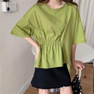 Asymmetric Plain Tie-waist Short-sleeve T-shirt
