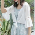 Lace Trim Open Front Elbow-sleeve Chiffon Jacket White - One Size