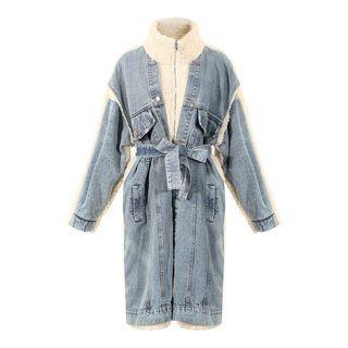 Fleece Panel Midi Denim Coat