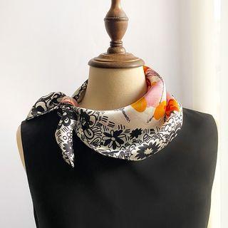 Flower Silk Scarf Black & White & Orange - One Size