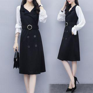 Mock Two-piece Long-sleeve Open-collar A-line Dress