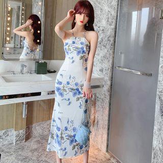 Spaghetti Strap Floral Chiffon Open-back Midi Mermaid Dress