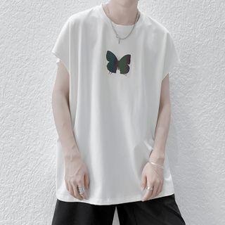 Butterfly Print Cap-sleeve Oversize Top