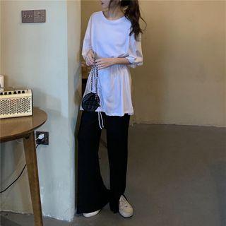 Elbow-sleeve Tie-waist Slit T-shirt / Slit-hem Wide-leg Pants