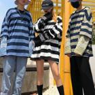Long-sleeve Mock Two-piece Lettering Striped T-shirt
