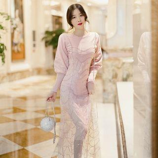 Set: Lantern-sleeve Knit Dress + Spaghetti-strap Mesh Midi Dress