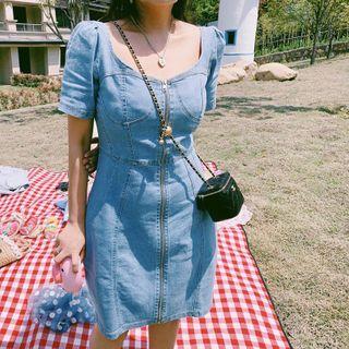 Short-sleeve Zip Mini Sheath Denim Dress