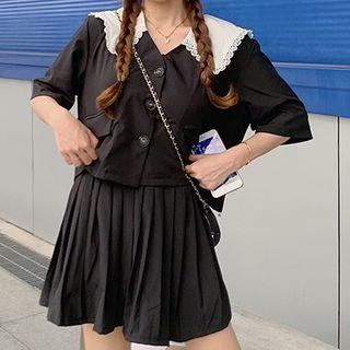 Elbow-sleeve Collared Blouse / A-line Skirt