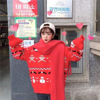 Mock Neck Print Oversized Sweater Red - One Size