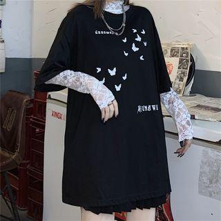 Mock Neck Lace Top / Butterfly-print Short-sleeve T-shirt