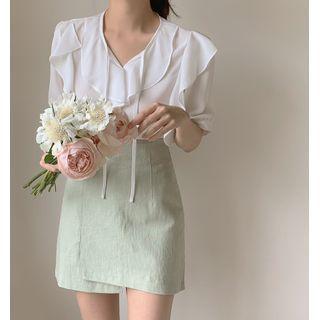 Short-sleeve Ruffled Trim Chiffon Blouse / Plain A-line Mini Skirt